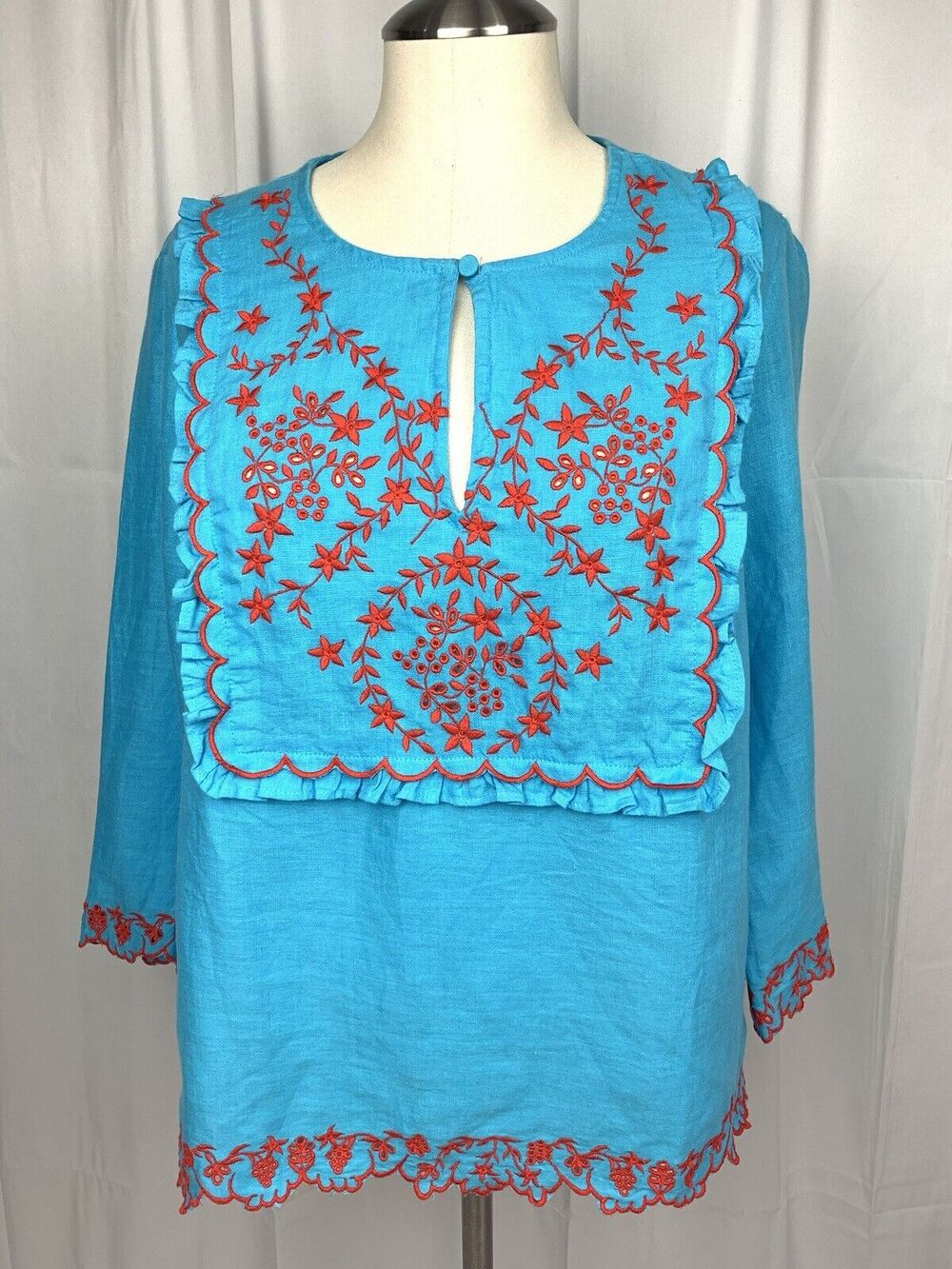 J. Crew Women's Blue Red Embroidered 100% Linen Boho Peasant Hippie Blouse S
